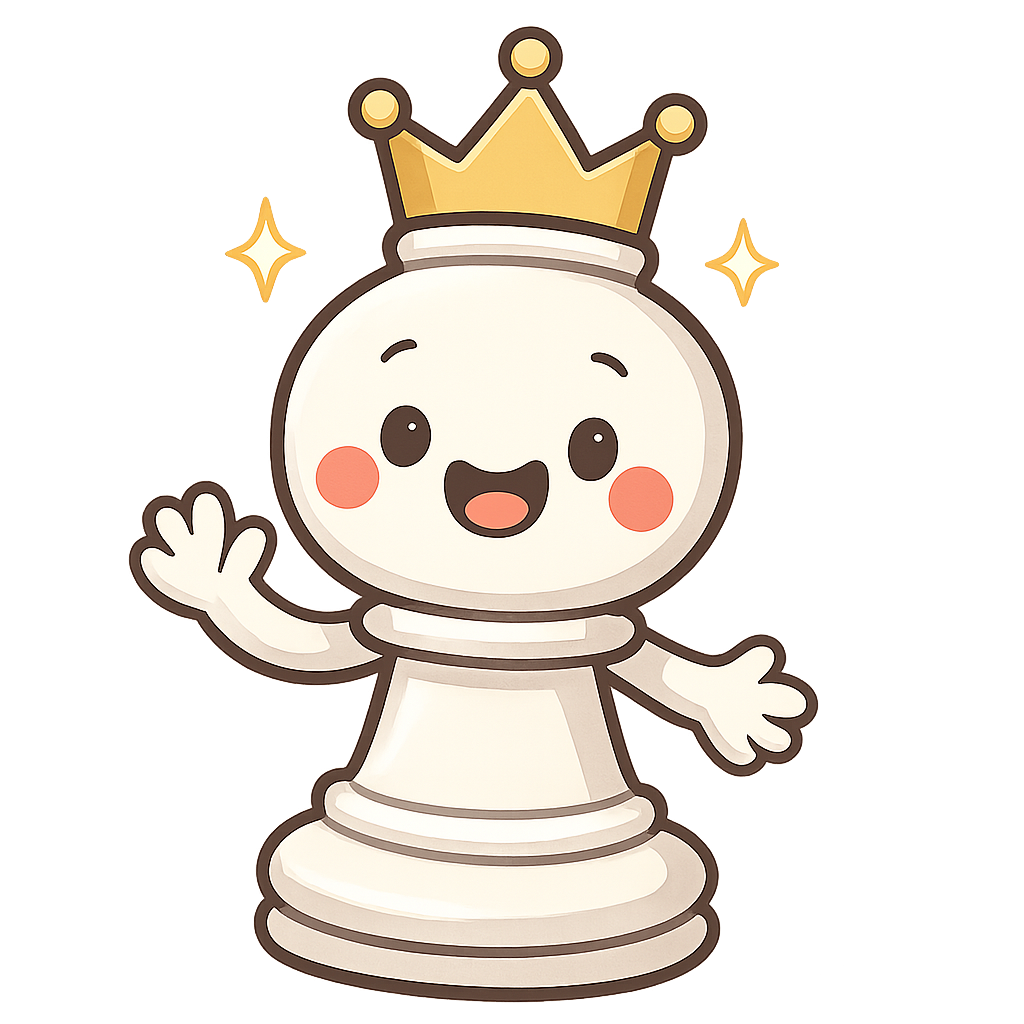 A friendly cartoon king chess piece welcoming you to the kingdom